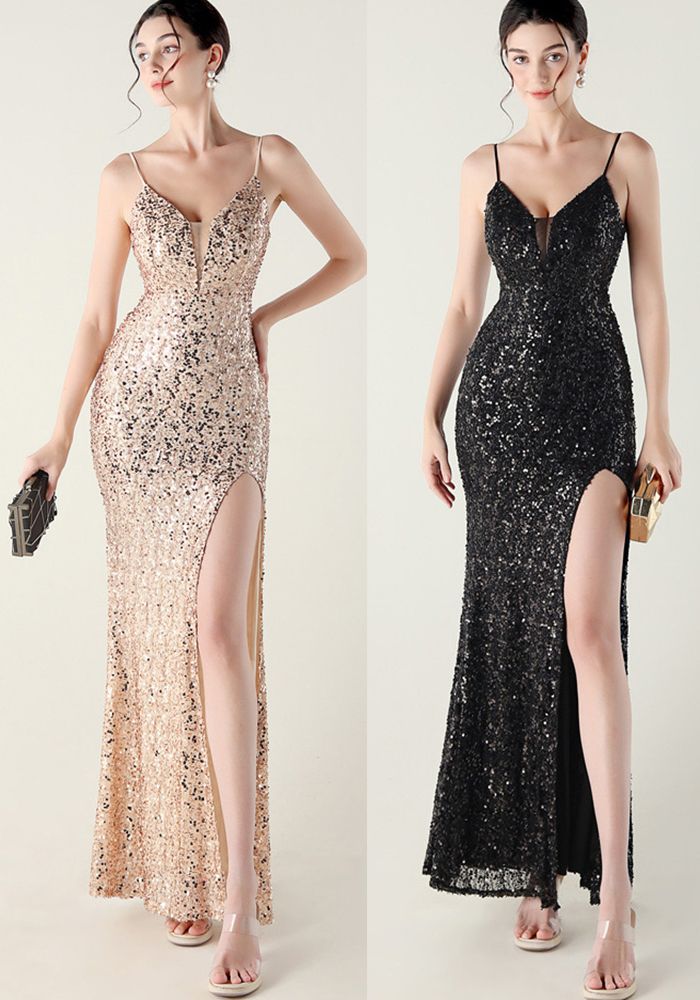 Robe de soirée à bretelles spaghetti en tube à sequins pour femmes avec lacets croisés et fente