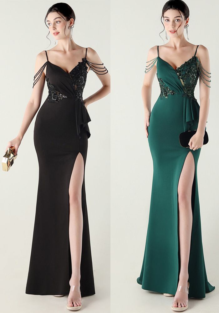 Robe de soirée formelle à bretelles en tube à sequins avec nœud et volants pour femmes