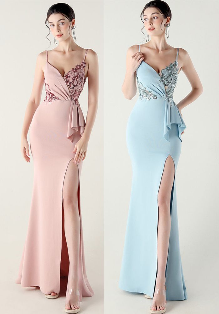 Robe de soirée formelle à bretelles en perles pour femmes avec taille plissée et broderie en nœud