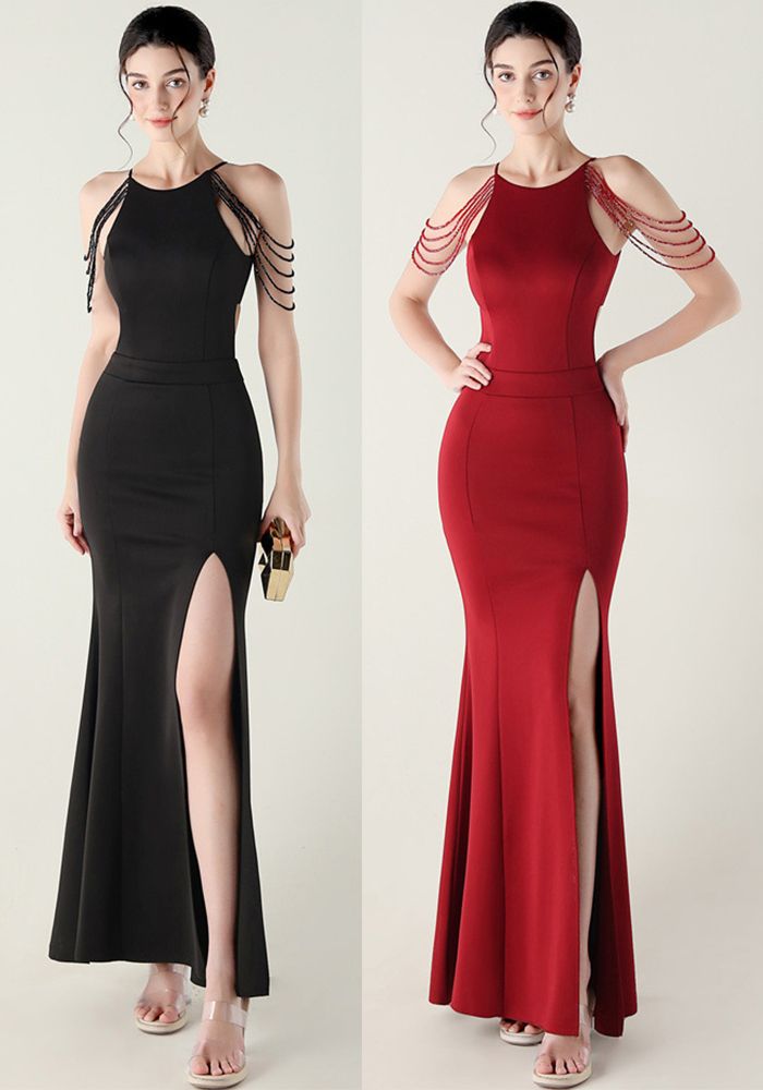 Robe de soirée à épaule dénudée et fente ornée de perles pour femmes