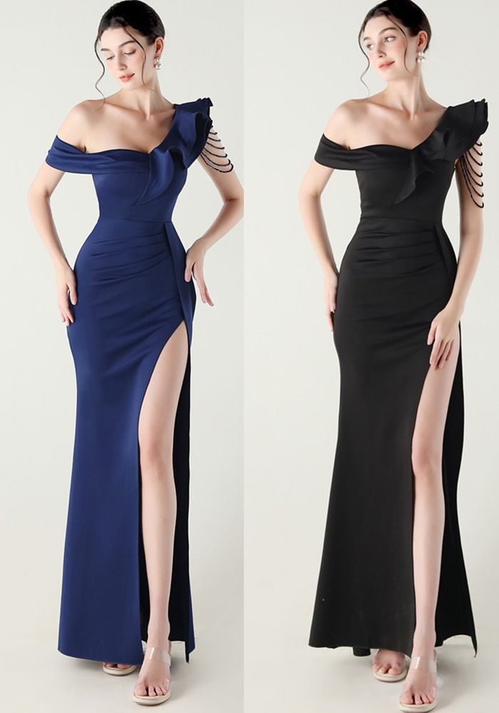 Robe de soirée formelle à volants et à une épaule plissée pour femmes