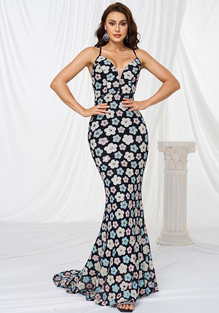 Robe de Soirée Évasée à Bretelles pour Femmes avec Décolleté en V et Sequins