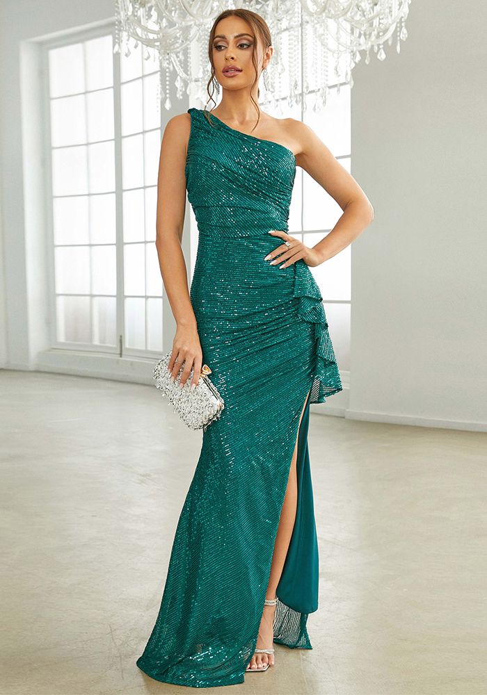 Robe de soirée formelle à une épaule avec fente en sequins pour femmes