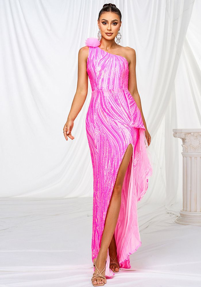 Robe de soirée formelle à une épaule avec sequins et fente pour femmes