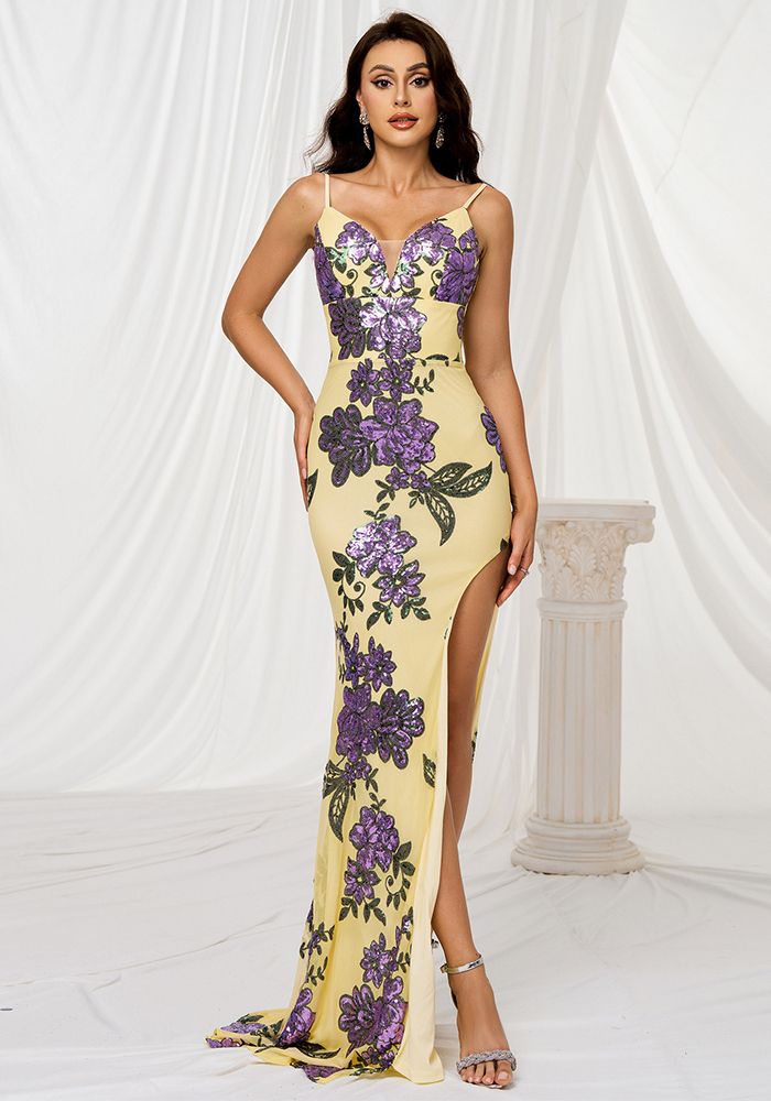 Robe de soirée fendue en sequins à encolure en V pour femmes