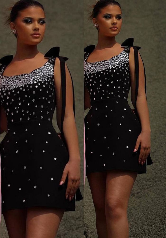Robe de soirée formelle à bretelles noires pour femmes avec nœud et perles