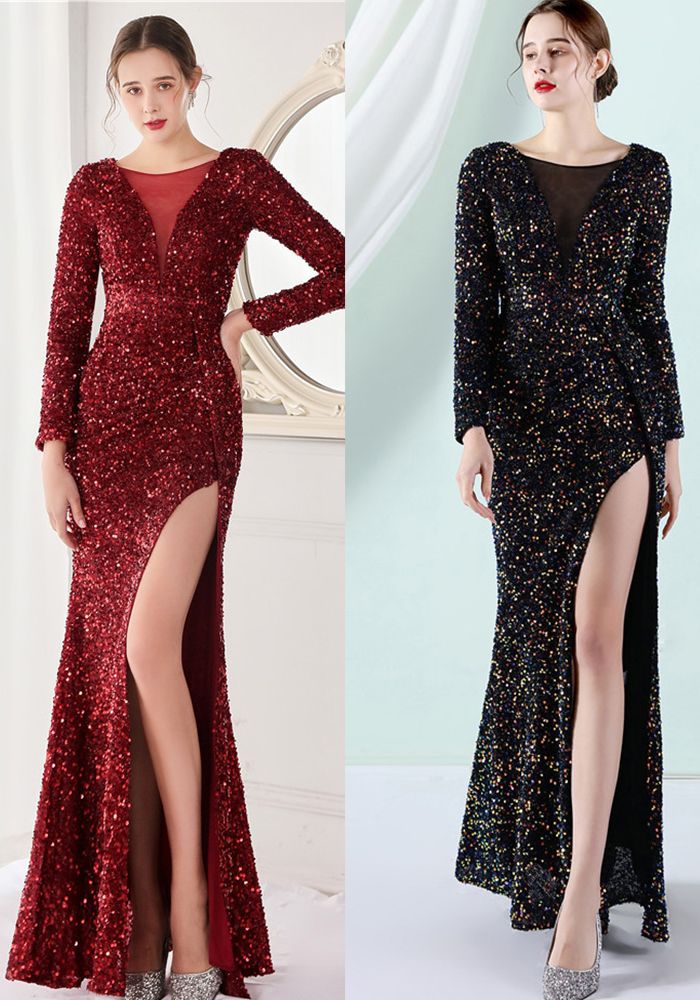 Robe de cocktail de soirée élégante grise à manches longues en mesh à sequins avec fente sirène d'hiver