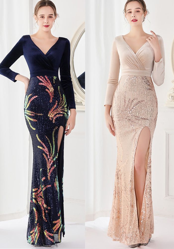 Robe de cocktail élégante verte d'hiver avec sequins, décolleté en V profond, manches longues et fente