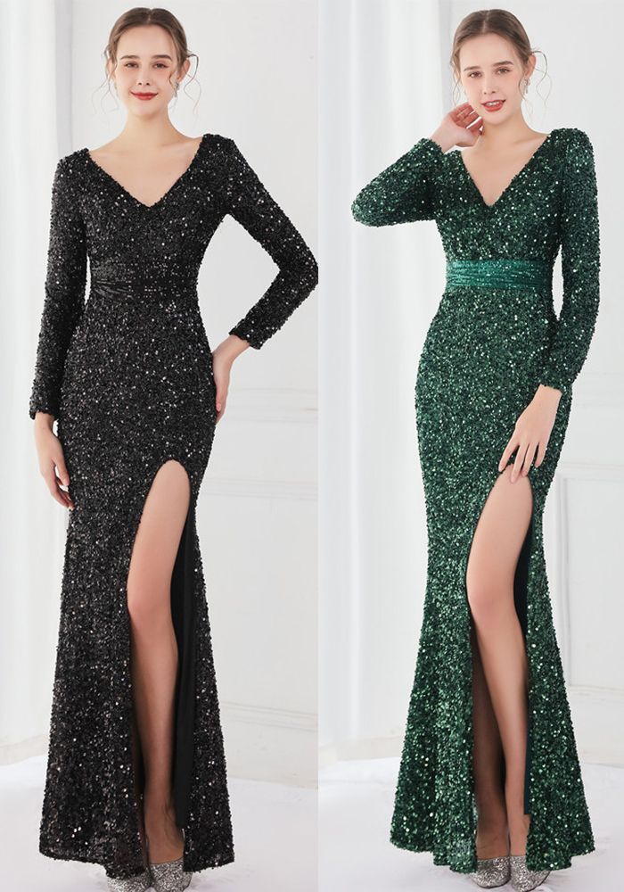 Robe de cocktail élégante verte à manches longues et décolleté en V profond pour l'hiver