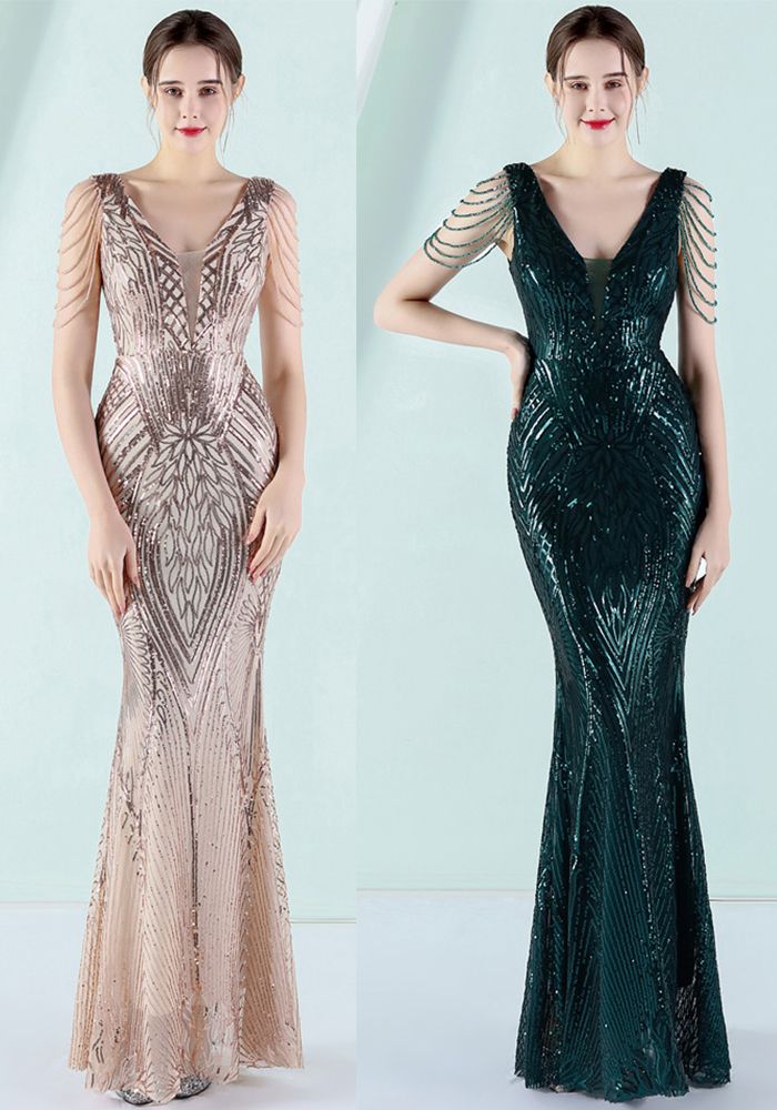Robe de soirée à manches sans manches en patchwork sequins mermaid à col en V pour femmes été bourgogne
