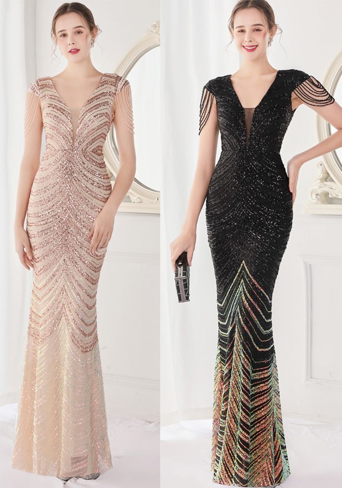 Robe de Soirée Élégante d'Été à Col V avec Franges et Manches Courtes en Sequins