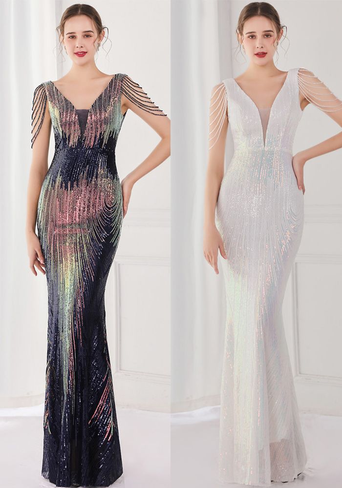 Robe de Soirée Sirène Gradient à Franges Élégante Rouge Bling Grande Taille Printemps