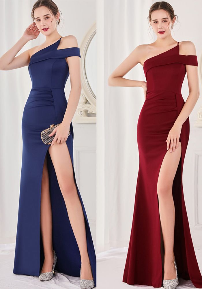 Robe de cocktail élégante à une épaule avec fente printemps