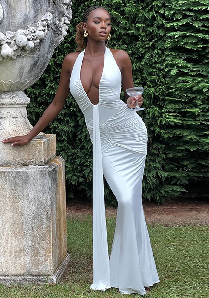 Robe Maxi Élegante Femme à Col Halter V-neck Sans Dos à Lacets