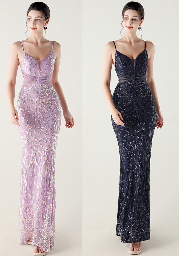 Robe de soirée formelle à manches dénudées en mesh creux avec sequins et perles pour femmes