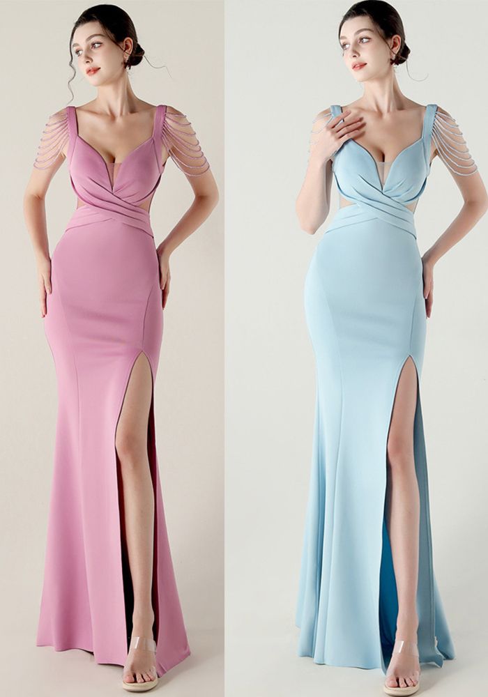 Robe de soirée formelle à col en V plissée et ornée pour femmes