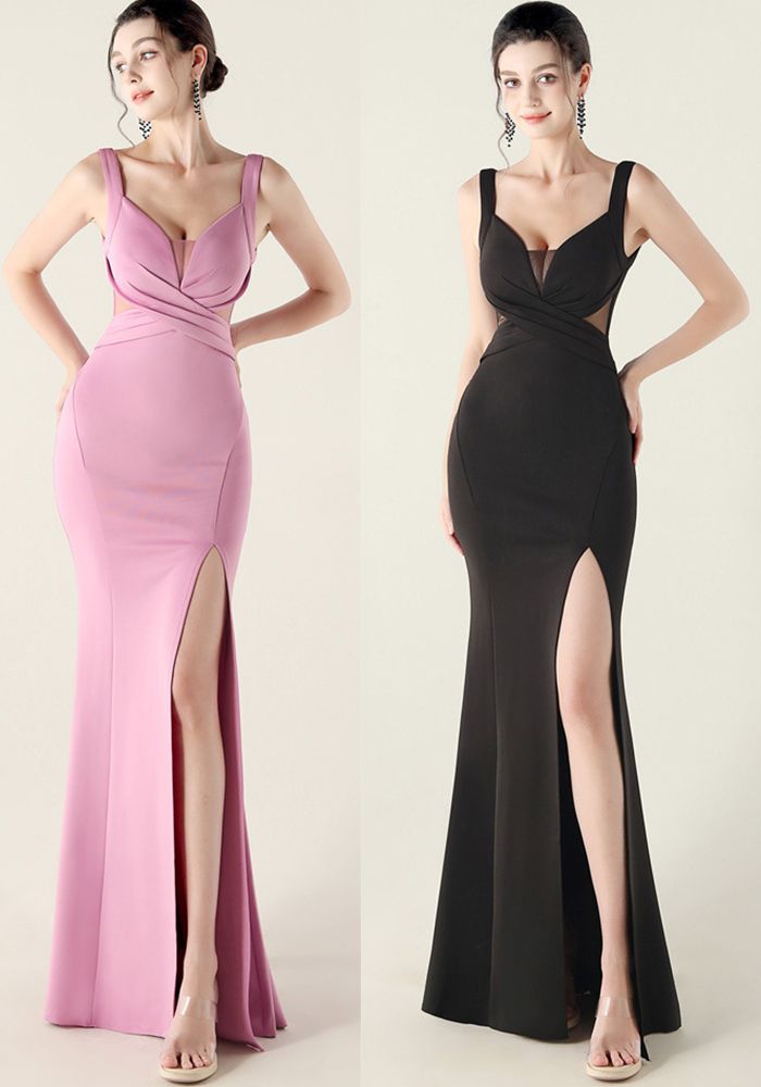 Robe de soirée formelle en mesh creux plissé croisé pour femmes