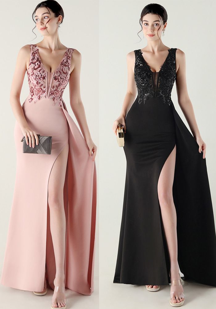 Robe de soirée formelle à décolleté en V en tube brodé à perles à motif en arêtes de poisson pour femmes