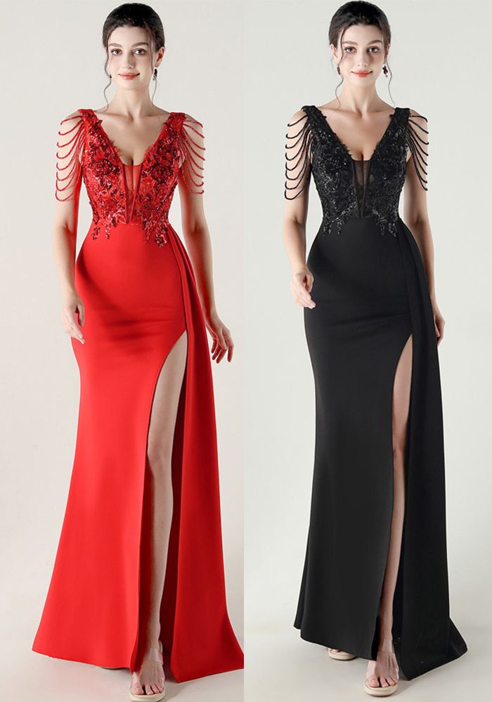 Robe de Soirée Formelle pour Femmes avec Tube Perlé et Broderie, Taille Poisson Perlé