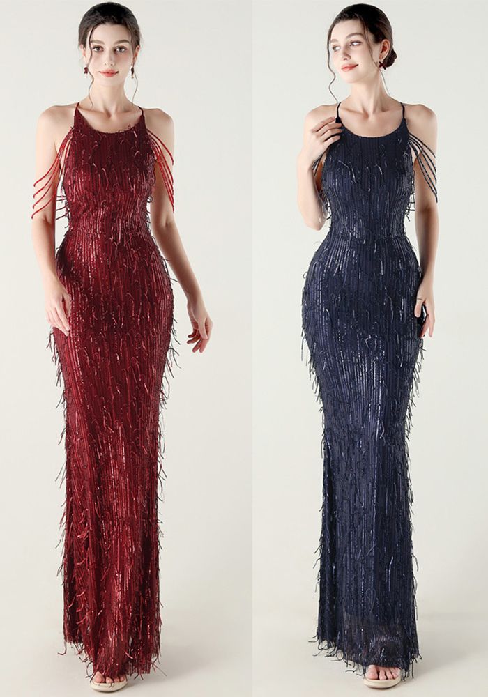 Robe de soirée formelle en tube à perles brodées avec franges et sequins pour femmes
