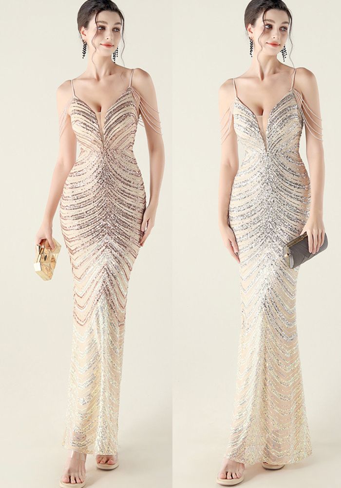 Robe de Soirée Formelle à Manches V en Vague Dégradée avec Perles pour Femmes