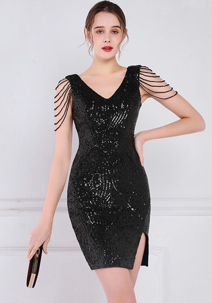 Robe de club mini à encolure en V sans manches à sequins pour femmes en été
