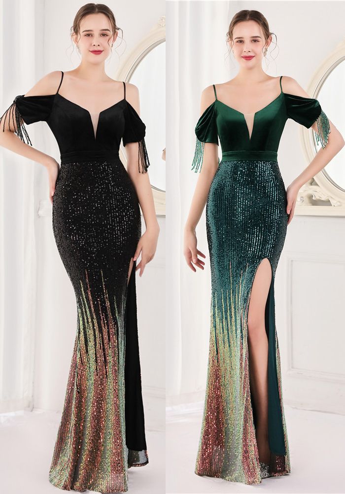 Robe de Soirée Longue Élégante à Sequins avec Bretelles Off-Shoulder et Franges à Manches Courtes en V