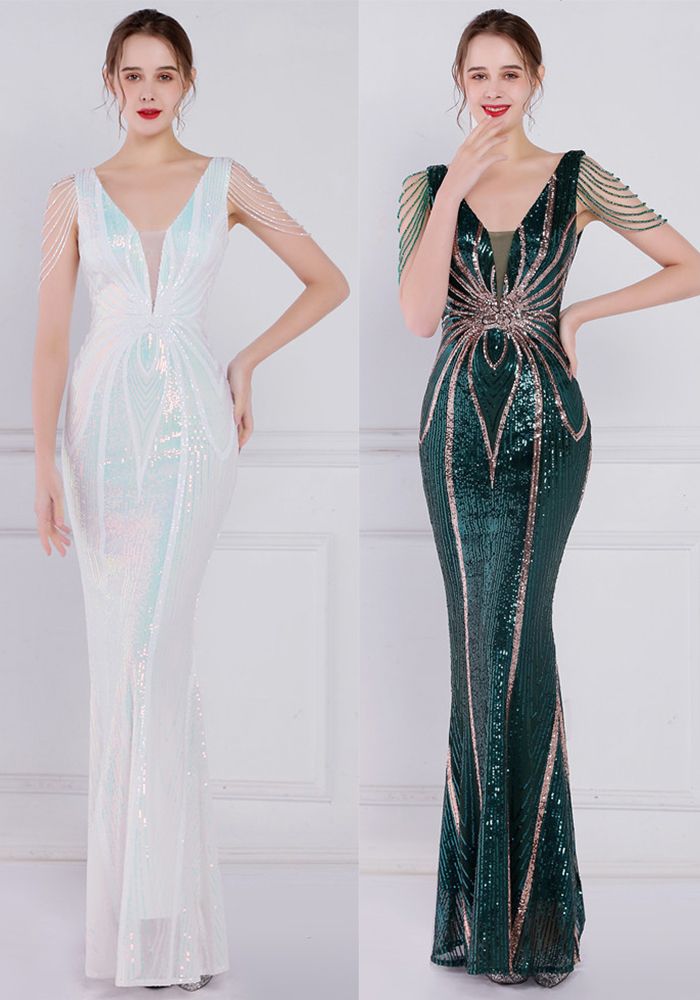 Robe de soirée à franges en sequins à manches courtes en V pour femmes - été romantique