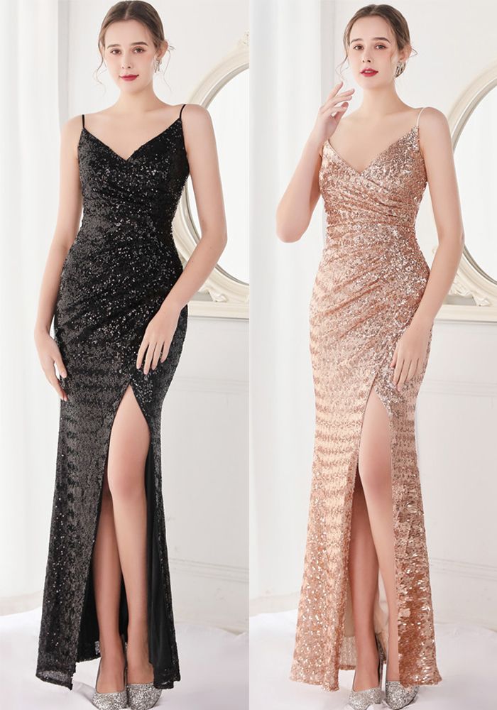 Robe de Soirée Sirène à Sequins avec Fente Printemps