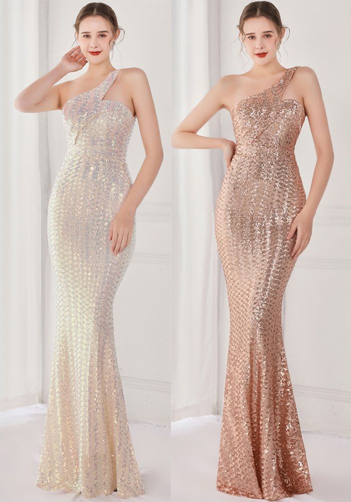 Robe de Soirée Sirène Sans Manches ÉléGante Bling Bling à Sequins Une Épaule Printemps