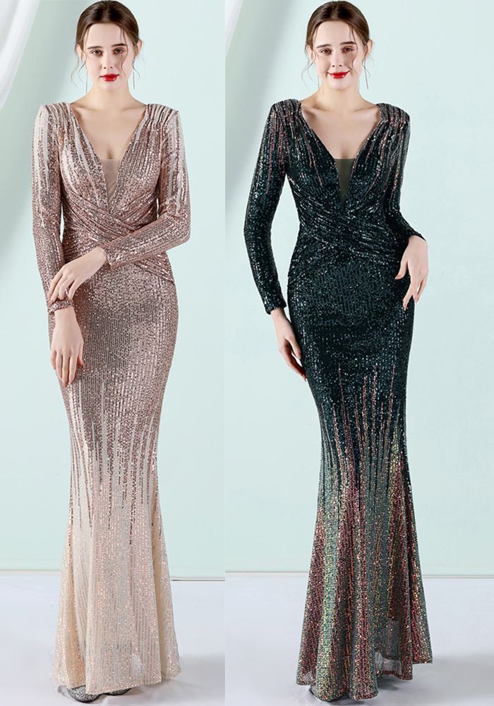 Robe de soirée sirène à manches longues en V pour femmes - Printemps - Dégradé de sequins