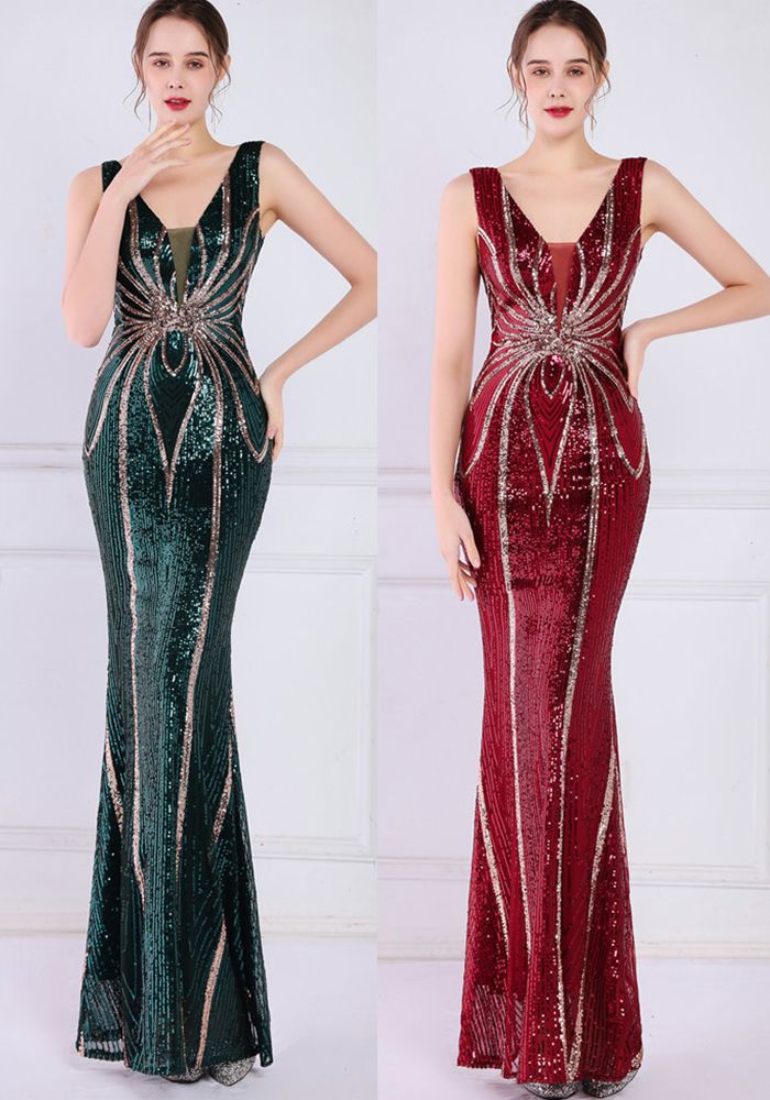 Robe de soirée mermaid sans manches à col en V pour femmes - été