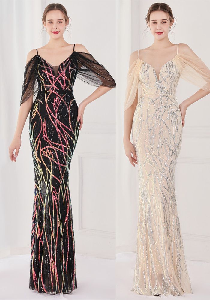 Robe de Soirée Longue Sirène à Bretelles en Sequins d'Été
