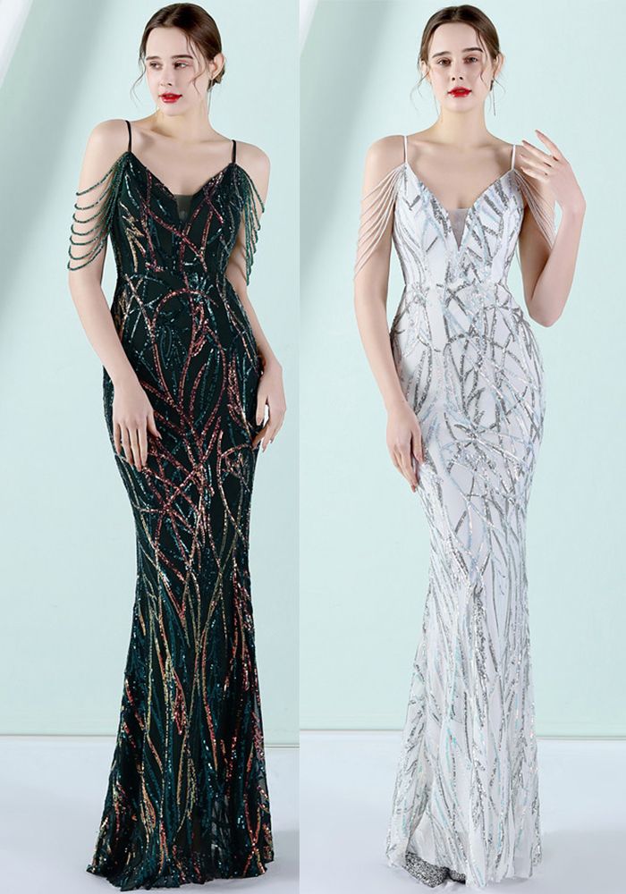 Robe de Soirée Sirène Vintage Sans Manches à Rayures Métalliques et Paillettes pour Femmes