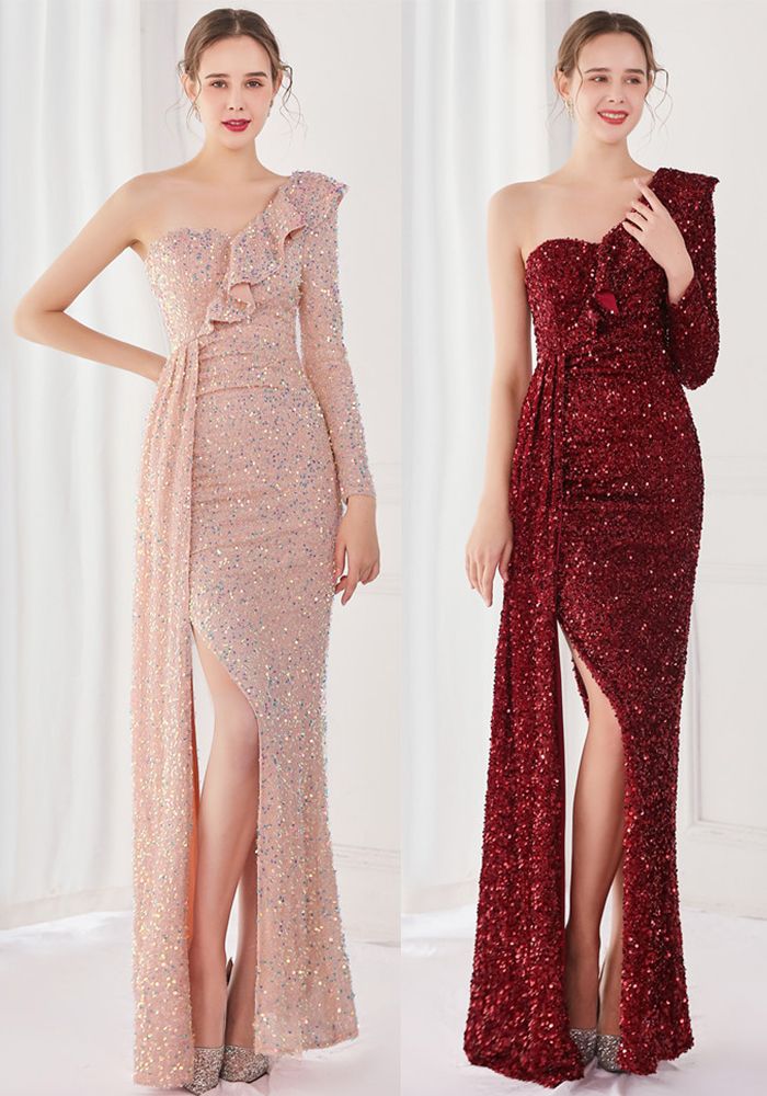 Robe de Soirée Élégante d'Hiver en Sequins avec Volants à Une Épaule et Manches Longues