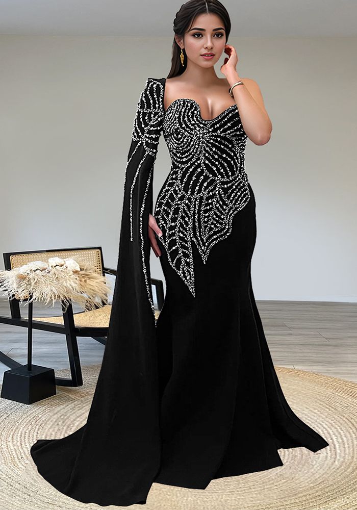 Robe de soirée longue à manches longues sans bretelles en perles pour femmes printemps été