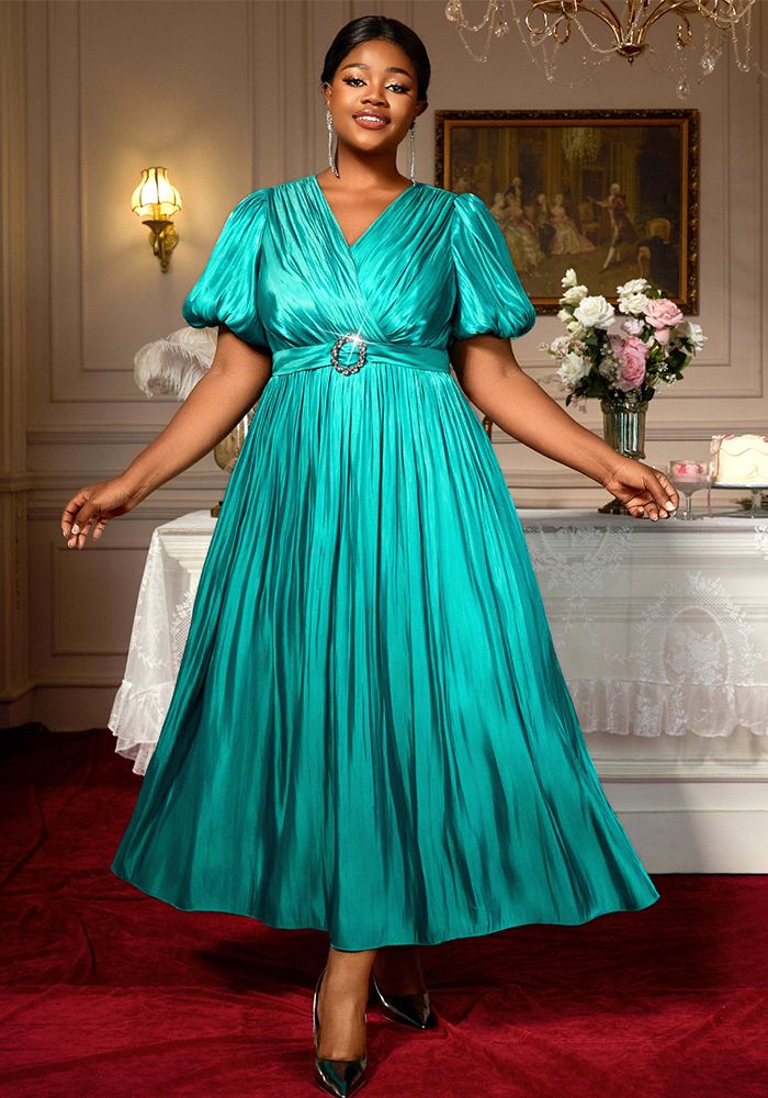 Robe Maxi plissée à manches bouffantes et décolleté en V pour femmes grandes tailles