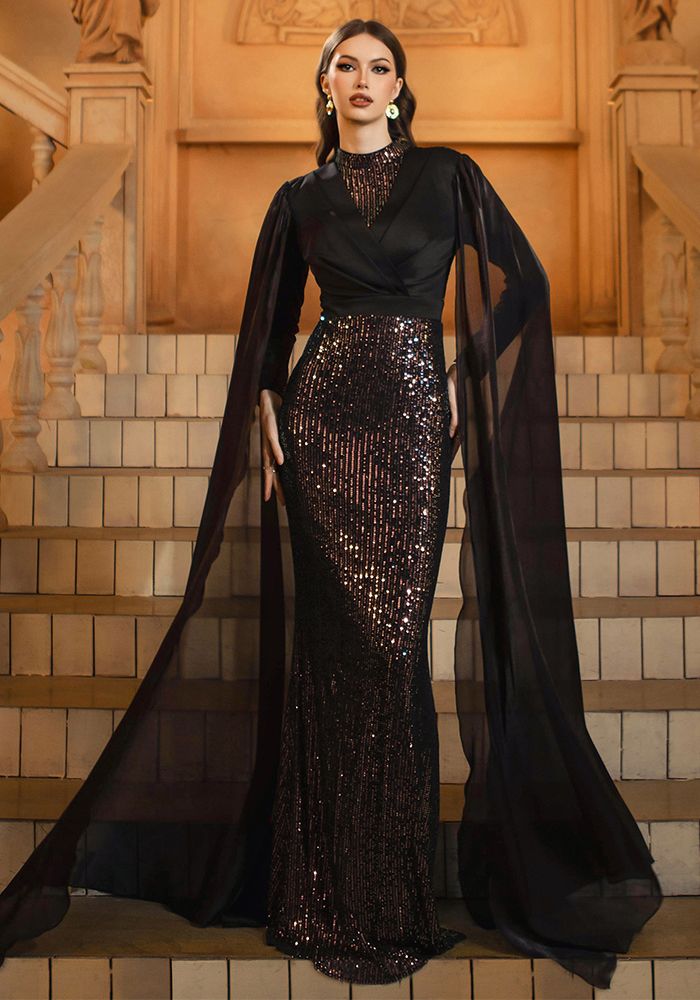Robe de Soirée Formelle à Manches Longues et Col Rond Slim pour Femme avec Sequins