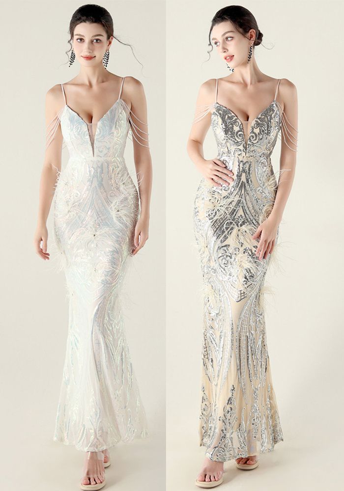Robe de Soirée Fishtail Embellie de Sequins et Plumes