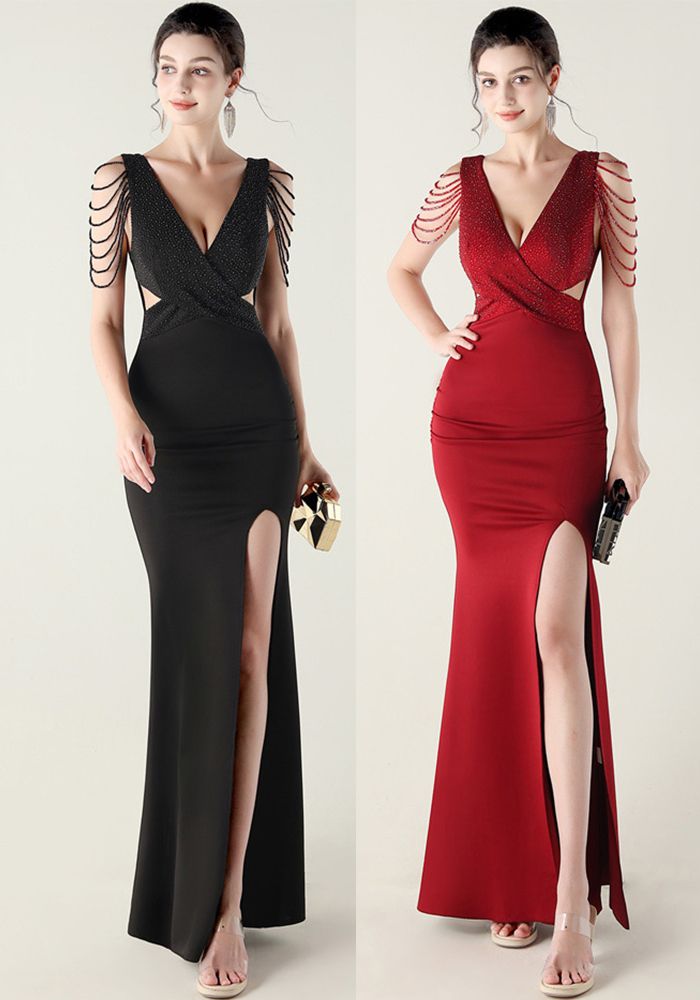 Robe de Soirée Formelle Slim à Perles pour Parties et Mariages