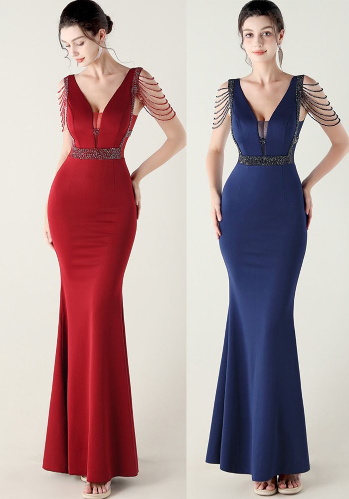 Robe de Soirée Étroite à Col V Profond et Perles pour Fêtes Formelles, Mariages et Soirées