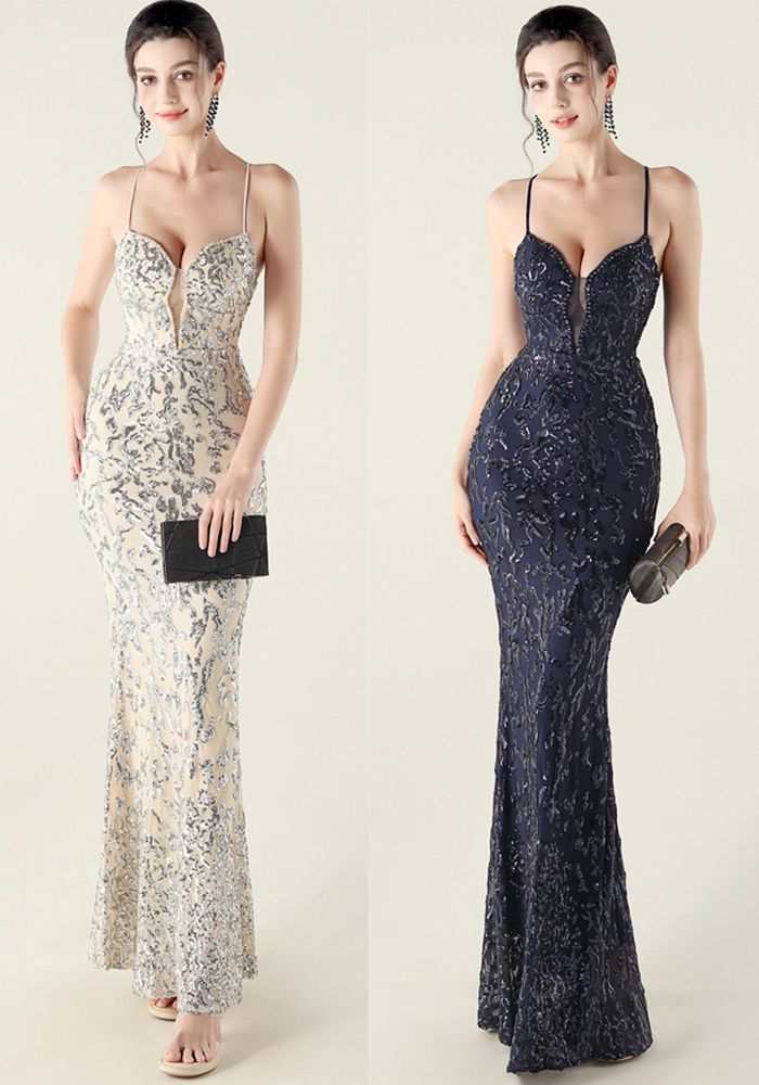 Robe de Soirée Formelle à Lacets Profond en V avec Broderie et Sequins à Taille Fine