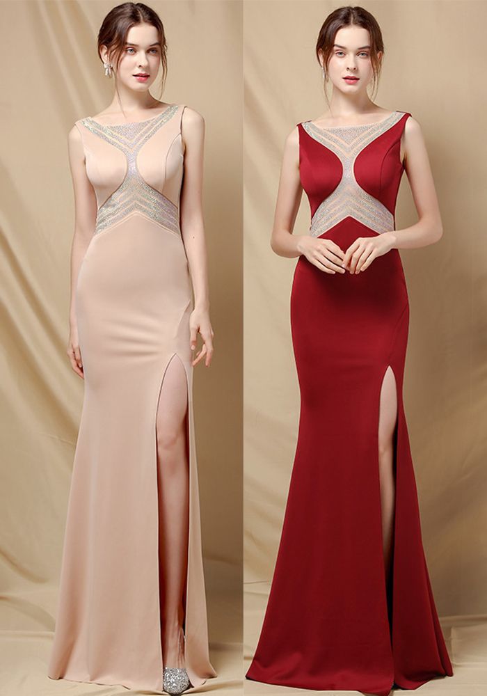 Robe de Soirée Sirène Sans Manches ÉléGante Avec Perles Et Fente Latérale
