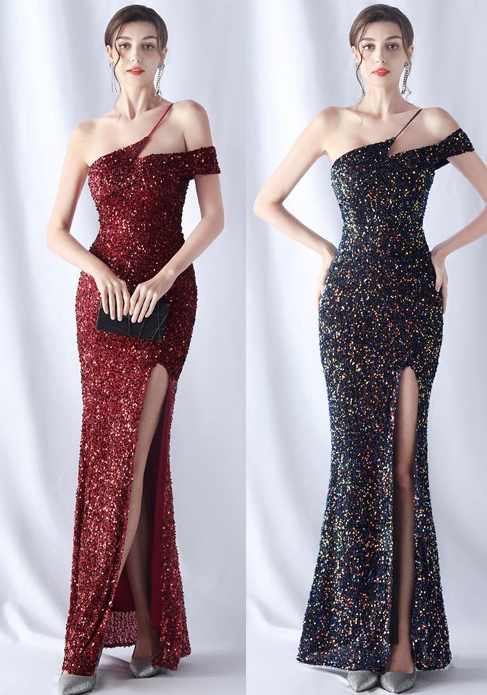 Robe de Soirée Été Formelle à Sequins à Une Épaule avec Fente