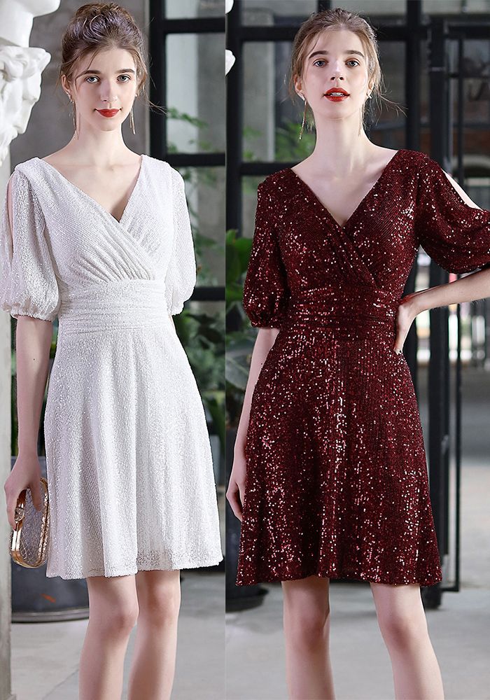 Robe de soirée élégante à sequins avec décolleté en V et manches courtes