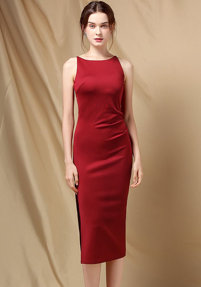Robe Midi Formelle Slim Sans Manches à Encolure Ronde avec Fente Élégante