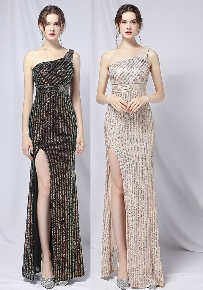 Robe de Soirée Été Formelle à Sequins à Épaule Dénudée avec Fente