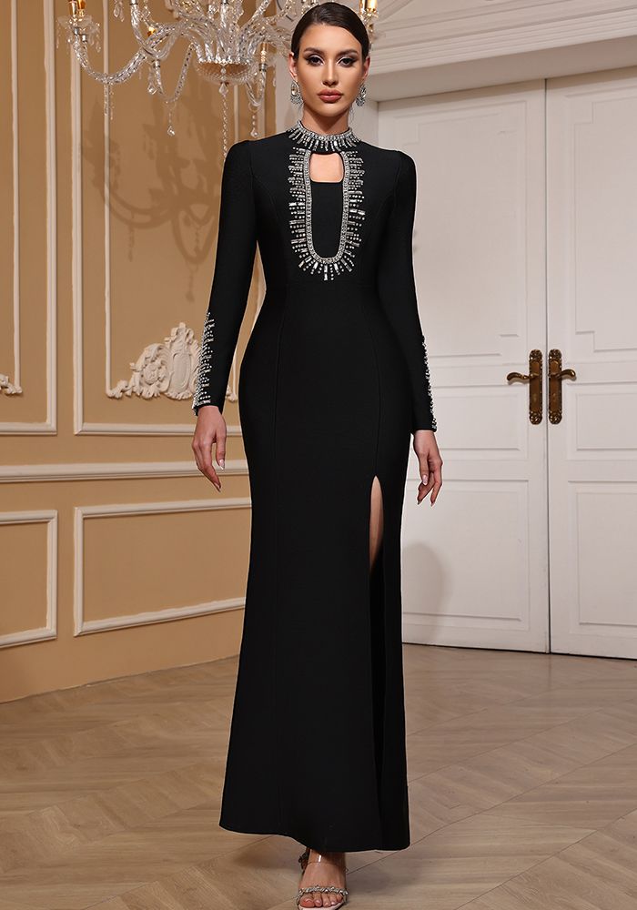 Robe de Soirée Femme Noire à Manches Longues avec Perles et Fente Bandage