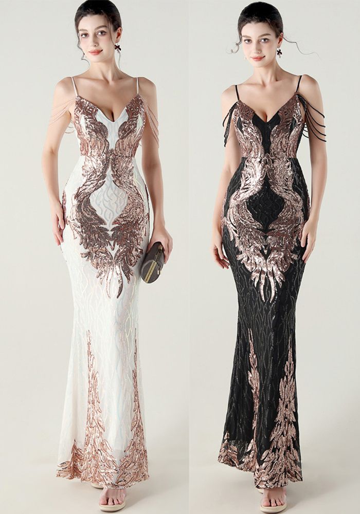 Robe de soirée formelle à dos nu en V avec chaîne à perles pendantes brodées et sequins pour femmes