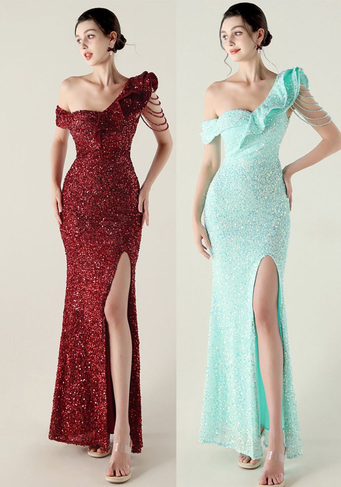 Robe de soirée formelle à une épaule plissée avec volants et chaînes perlées pour femmes